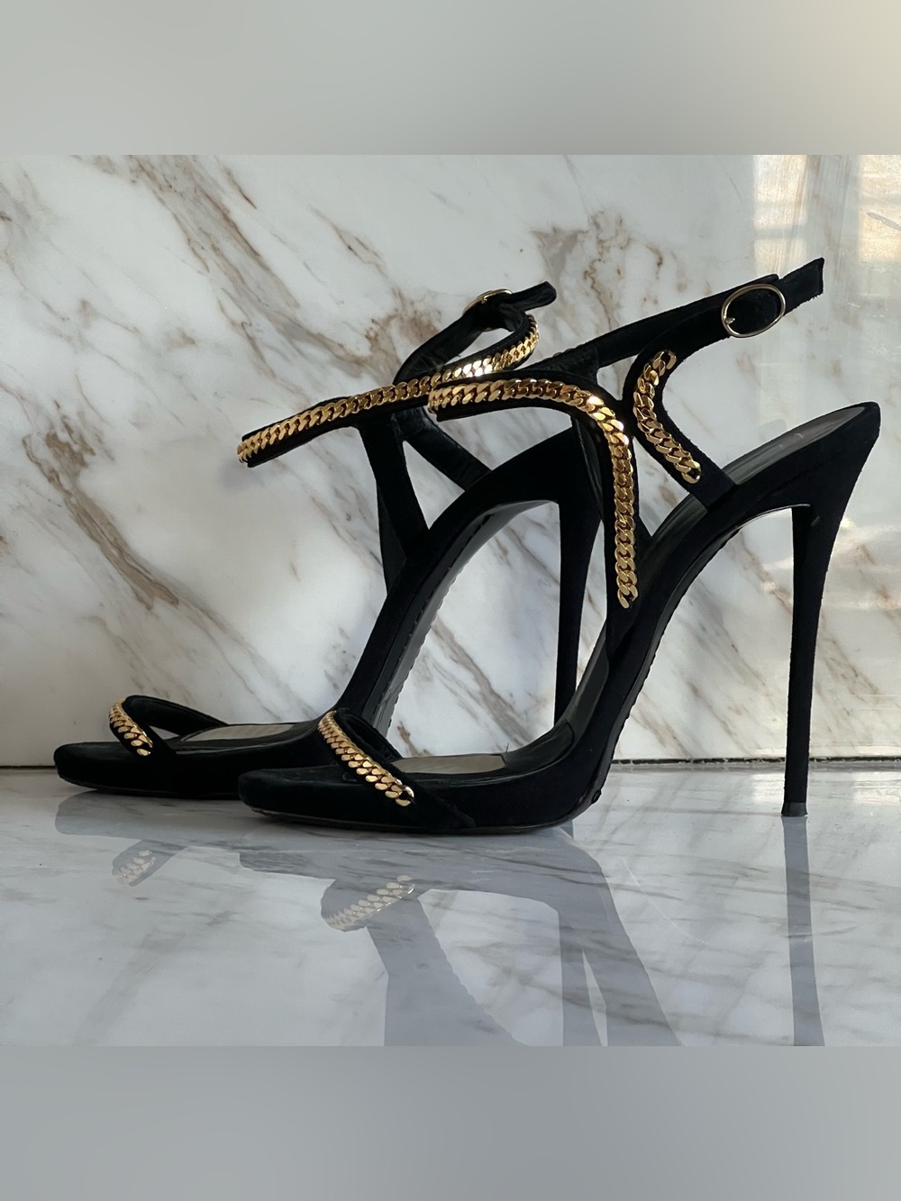 Giuseppe Zanotti Heels Black Suede Gold Chain Ankle Stiletto EU38.5 - Picture 2 of 8